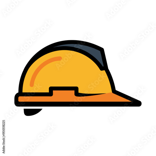 A simple, stylized illustration of a yellow hard hat with a black brim and blue accents.