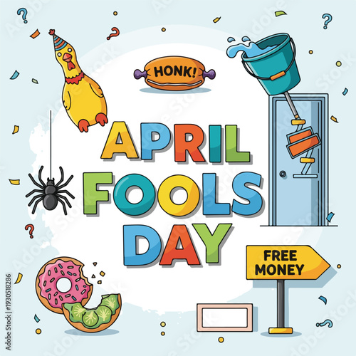 April Fools Day colorful illustration with prank elements