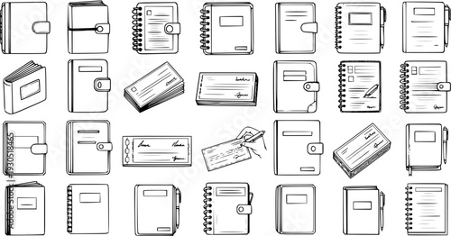 Hand-drawn sketch icons of various books, notebooks, planners, diaries, checkbooks, and financial documents, in an outline art style, isolated on white.