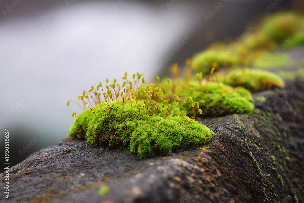 Fototapeta premium Vibrant green moss with tiny spores grows on a rough surface.