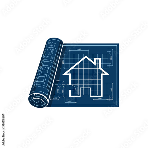 Blueprint of a house showing architectural plans and design details on a rolled-up paper.