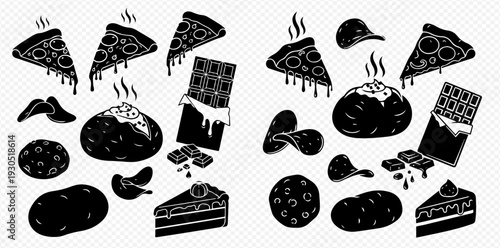 Set of black and white illustrations of various junk food items including pizza, chocolate, cake, cookies, and chips.