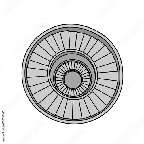 Top-down view of a circular spiral staircase with a central column and radiating steps.