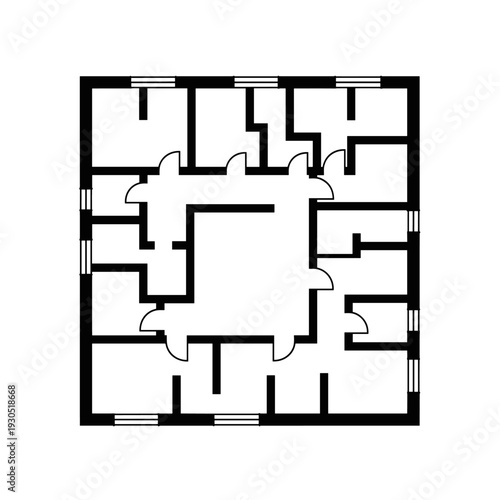Architectural floor plan of a building with a central courtyard and multiple rooms surrounding it, showcasing a symmetrical design with numerous windows and doors.