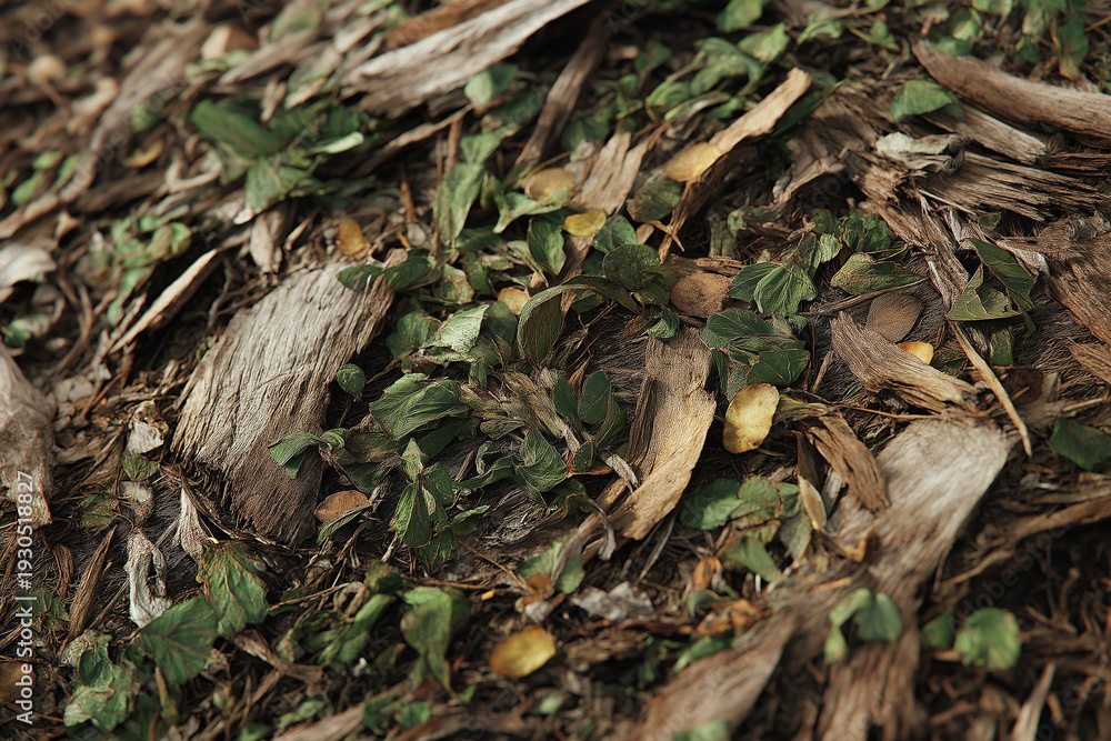 Naklejka premium A forest floor reveals fallen leaves, bark, and green shoots.
