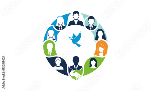 Diverse group of people united in a circle with a dove, symbolizing peace and community.