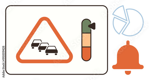 Traffic management, alerts, mobility solutions, road safety, info visualization, dashboard analytics. Triangle with cars, meter bell graph. Traffic management and alerts concept