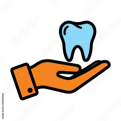 Hand holding a tooth illustration.