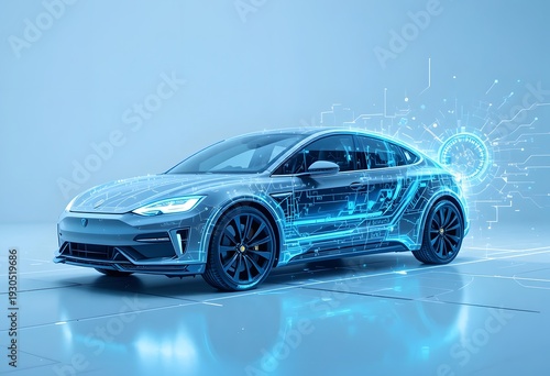 Futuristic Electric Car with Digital Overlay on Blue Background.