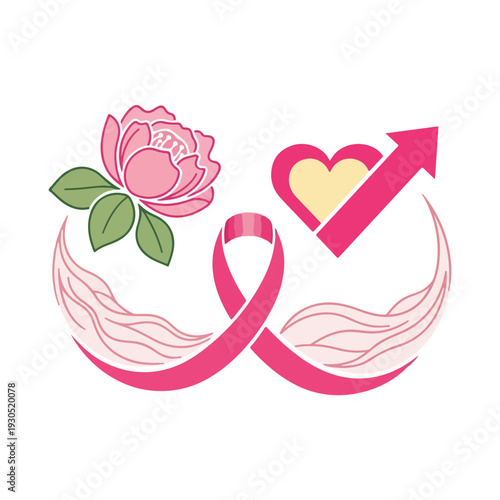 Breast Cancer Awareness Ribbon with Rose and Heart Symbol