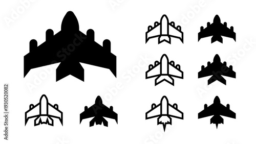 A collection of various airplane silhouettes in black and white on a clean background