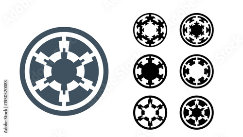 Futuristic circular gear emblem isolated on white background, abstract sci fi insignia symbol, technology logo style, minimal monochrome icon, mechanical crest design for digital, gaming, branding use