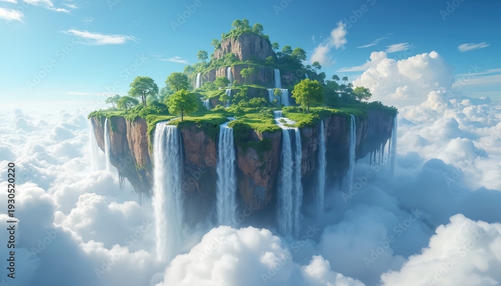 Obraz premium Floating island with waterfalls sky high in clouds. Rich green vegetation tops rugged cliffs. Serene natural beauty above vast cloudscape. Peaceful dreamlike landscape.
