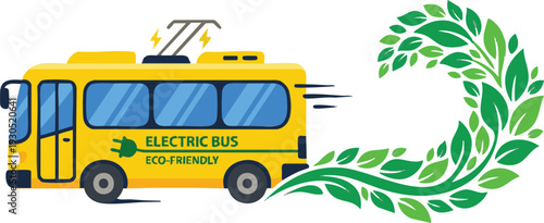 Flat vector illustration of a yellow electric bus branded as City Link with a swirl of green leaves representing eco-friendly urban commuting.