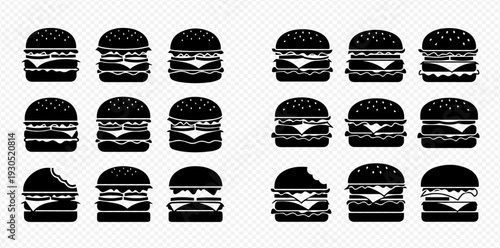 Set of various hamburger and cheeseburger icons in black silhouette, including a bitten burger, on a transparent background.