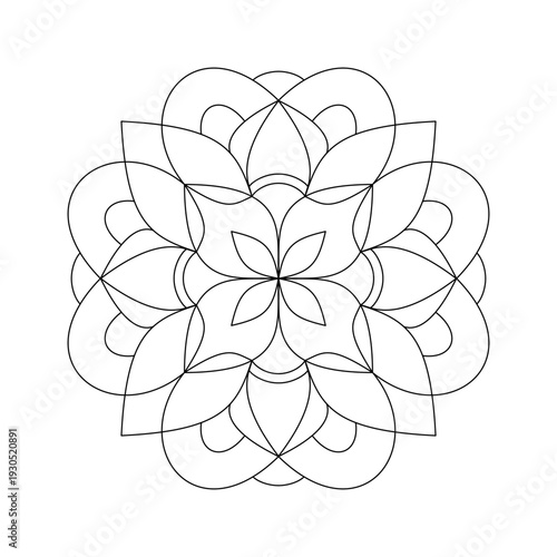 Hand drawn simple stained glass floral mandala vector line art pointed petals shape, minimalist flower pattern for easy coloring page and logo template.