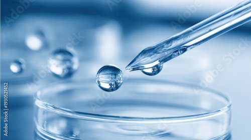 Delicate clear liquid droplets suspended from a laboratory pipette over a glass surface