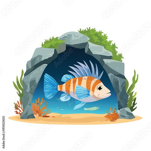 Colorful fish swimming in an underwater cave illustration