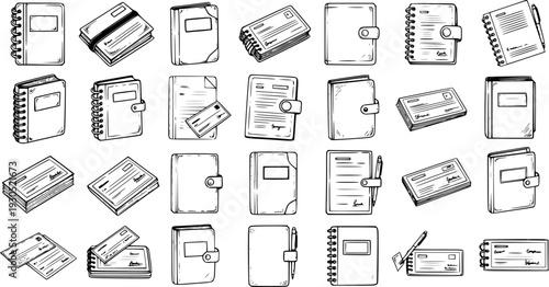 Hand-drawn sketch collection of various stationery and financial items including spiral notebooks, planners, journals, and stacks of checks for office and finance designs