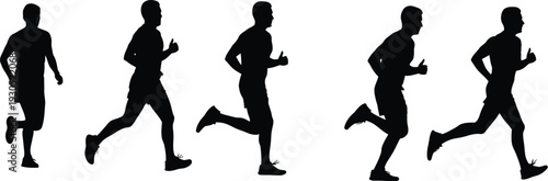 Collection of five male runner silhouettes in motion, black vector icons of athletes jogging and sprinting in a row isolated on white.