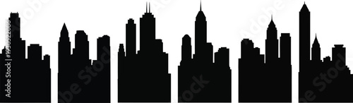 Collection of five modern city skyline silhouettes, black vector icons of metropolitan urban landscapes and skyscrapers isolated on white.