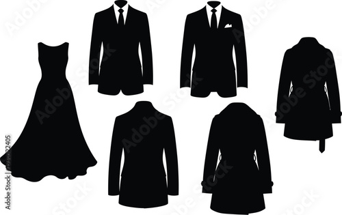 Collection of formal business suits and elegant evening gowns, black and white vector silhouettes of professional attire and trench coats isolated on white.