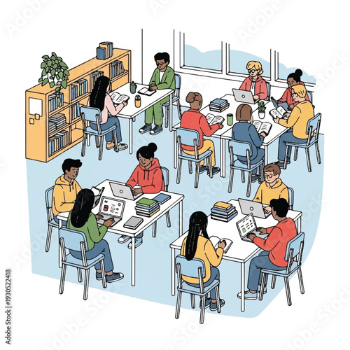 Diverse group of students working together in a lively study cafe setting.