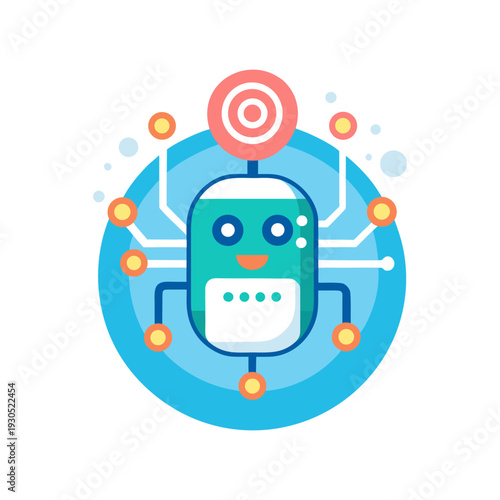 A cartoon robot with a target on its head in a blue circle