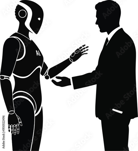 A man in a suit shakes hands with a robot