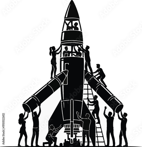 A group of people working together to build a rocket ship