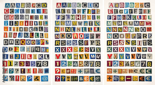 Set of 3 Cut Out Magazine Alphabet Letters and Numbers Vector