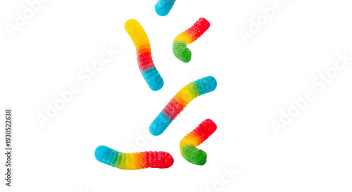 Neon Flying Gummy Worms PNG. Sweet colorful chewy jelly candies falling isolated. Delicious bright fun sugar snack treat and cheerful childhood dessert design