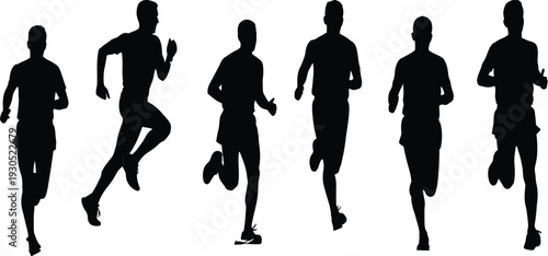 Collection of male runner silhouettes in motion, group of men sprinting and jogging for marathon and fitness.