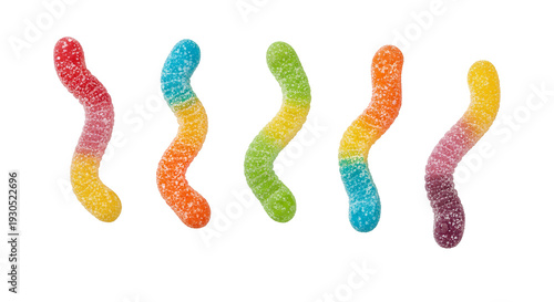 Sour Gummy Worms PNG. Sweet neon sugar coated jelly candies isolated. Delicious bright fun chewy snack treat and cheerful childhood dessert design
