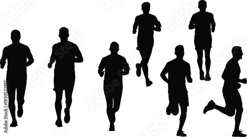 Collection of male runner silhouettes in side view, five black vector outlines of athletes jogging and sprinting in various dynamic motion stages isolated on white.