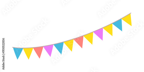 Garland colorful bunting flags on string for birthday party decoration, holiday anniversary fabric cute design, modern festive hanging decor. Isolated. Vector illustration
