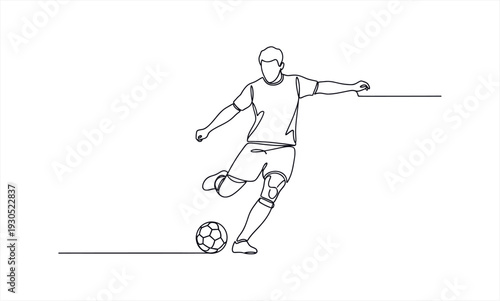 Dynamic one-line drawing of a male soccer player kicking a ball with precision and power.