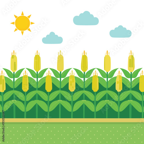 Cartoon illustration of a field of corn under a bright sunny sky