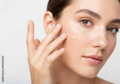Close Up Of A Woman Applying A Transparent Gel Skincare Product To Her Face With Her Fingers