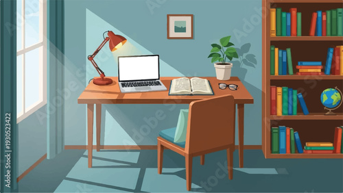 Cozy home office workspace with laptop, plant, bookshelves, and daylight streaming through window.