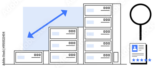 Database stacks with growth arrow and magnified customer profile highlight business development, data management, and client evaluation. Ideal for analytics, marketing, tech, strategy, research