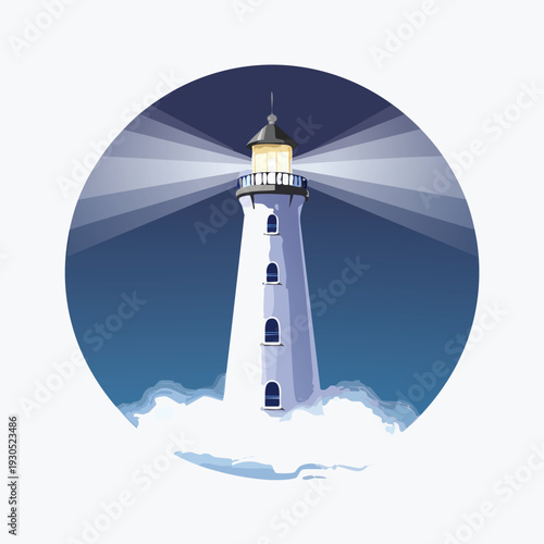 Coastal lighthouse beacon shining at night in vector illustration