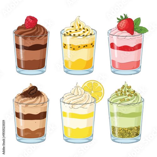 Colorful dessert cups with creamy pudding and fruit toppings