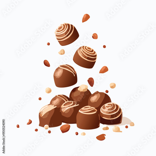 Chocolate candies and nuts falling on white background