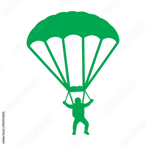 Parachutist Descending with Green Parachute Silhouette.