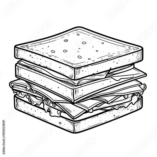 A detailed black and white illustration of a delicious stacked sandwich, ready to eat.