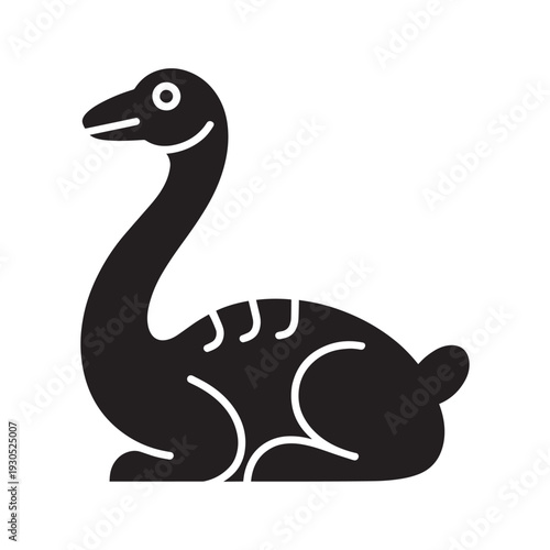 Simple black silhouette of a dinosaur with long neck and small legs isolated