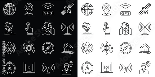 Global Location and Navigation Flat Line Icon Set – Map, GPS and Technology Vector Collection 