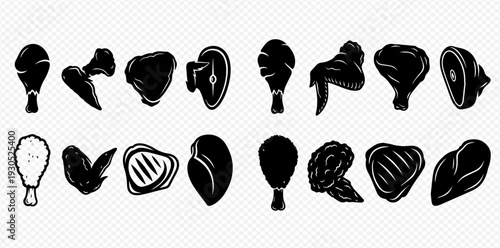 Set of various meat cuts and chicken parts in black silhouette style, including drumsticks, wings, steaks, and fillets, isolated on a transparent background.