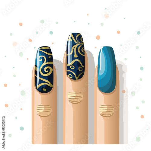 Close up of three painted fingernails with ornate designs and colors